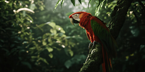A big macao parrot on a tree in a forest in dark green color