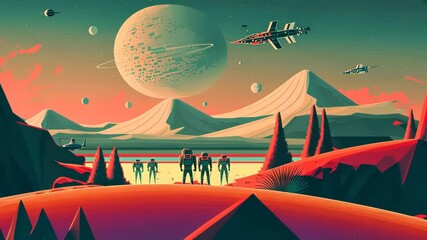 Poster - Retrofuturistic landscape in 80s sci-fi style. Retro science fiction scene with futuristic buildings