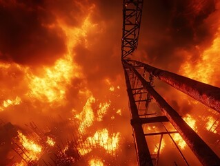 Inferno Overhead A Dramatic Perspective of Fiery Destruction and Industrial Ruin