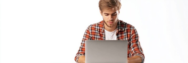 Aufkleber - A young man works intently on his laptop, embodying the essence of remote freelancing in a clean and bright environment. Generative AI