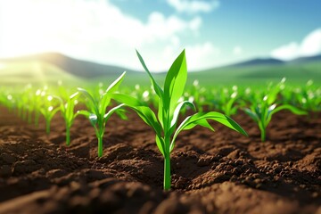 Young corn crop growing in fertile soil on agricultural field at sunset