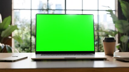 Poster - Laptop with blank green screen in office interior. Smooth camera movement around object with bokeh background