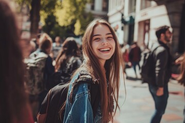 A young woman wearing casual attire beams with joy as she walks along a vibrant city street filled with people enjoying their day in the sunshine