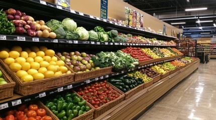 A well-stocked supermarket produce section with colorful fruits and vegetables displayed on shelves, emphasizing freshness and healthy living