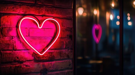 Poster - A glowing neon heart sign in a dimly lit room, casting soft pink and red light, creating a romantic and intimate atmosphere