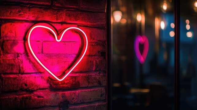 A glowing neon heart sign in a dimly lit room, casting soft pink and red light, creating a romantic and intimate atmosphere