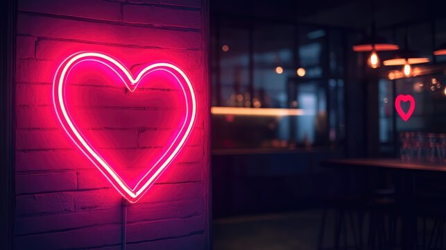A glowing neon heart sign in a dimly lit room, casting soft pink and red light, creating a romantic and intimate atmosphere