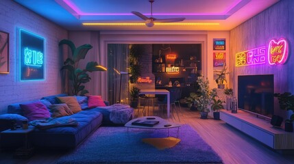 Wall Mural - A stylish living room decorated with neon signs and colorful lighting, creating a cozy yet energetic ambiance