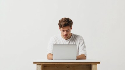 Leinwandbilder - A young man is deeply engaged in his freelance work on a laptop at a minimalist desk, set in a bright environment. Generative AI