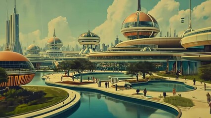 Poster - Retrofuturistic landscape in mid-century sci-fi style. Retro science fiction scene with futuristic city buildings