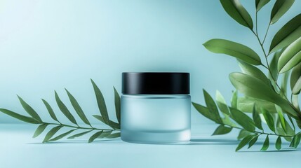 Aufkleber - A glass container with a black lid is positioned on a soft blue backdrop, complemented by vibrant green leaves.