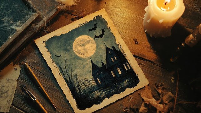 A classic Halloween postcard with a vintage illustration of a haunted house and a full moon, lying next to antique quill pens and candles