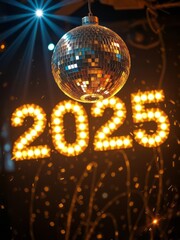 Shiny disco ball, glowing 2025 numbers in lights, New Year's Eve celebration, sparkling reflections, nightclub atmosphere, festive party decor, retro disco vibes, warm golden lighting, starry effect, 