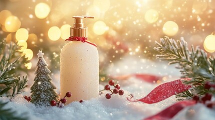 Poster - A white lotion bottle sits on a bed of fake snow. There are small red berries around the bottle and a small Christmas tree. There is also a red ribbon and a pine branch in the image.