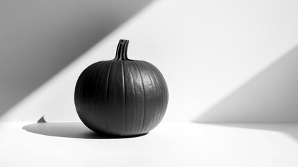 Poster - A minimalist black pumpkin on a white surface, with simple geometric carvings, casting a subtle shadow