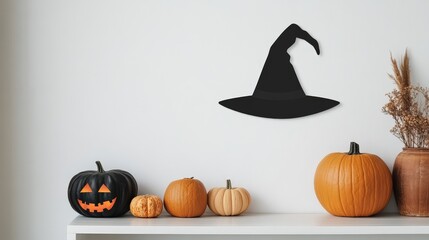 Poster - A minimalist Halloween wall hanging with a single black witch hat cutout on a plain white canvas for a sleek, modern touch