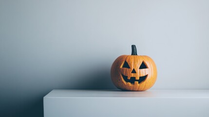 Poster - A minimalist jack-o'-lantern with only basic geometric eyes and mouth shapes, placed on a plain white table for a sleek look