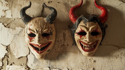 Poster - A pair of vintage paper Halloween masks, hand-painted with traditional designs like witches and devils, hanging on a cracked plaster wall