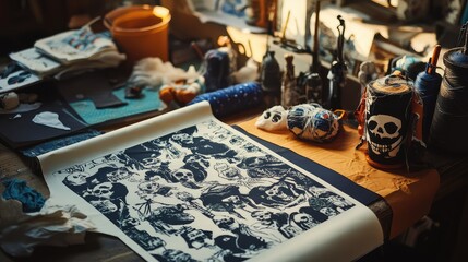 Poster - A retro Halloween costume pattern book from the 1960s, featuring handmade designs for witches, skeletons, and ghosts, resting on a sewing table