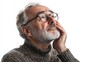 © Анатолий Сав - A senior man looks up thoughtfully while holding his face in a distressed manner due to eye pain, set against a white backdrop. Generative AI
