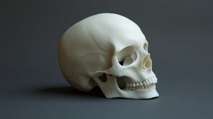 Poster - A simple white skull on a dark gray background, with minimal lighting creating a stark, eerie atmosphere