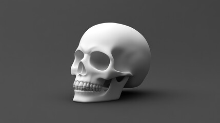 Poster - A simple white skull on a dark gray background, with minimal lighting creating a stark, eerie atmosphere