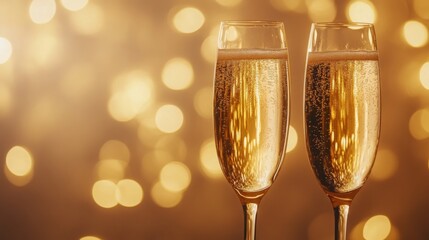 Aufkleber - Two elegantly arranged champagne glasses sparkle against a shimmering golden backdrop, celebrating a special occasion. The bubbles rise gently, enhancing the festive atmosphere and joyous mood.