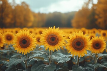 Wall Mural - A vibrant field of sunflowers in autumn, showcasing nature's beauty and tranquility.