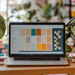 Fototapete - Modern home workspace with laptop displaying color palette design