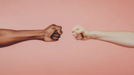 Two hands are clenched in fists, one black and one white. Concept of unity and strength, as the two hands come together in a fist