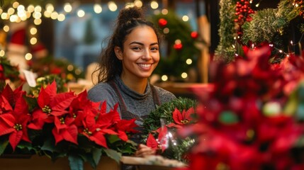Poster - A woman with long dark hair smiles at the camera while arranging red poinsettia plants.
