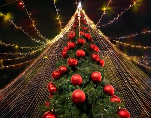 christmas tree with red balls and garland lights