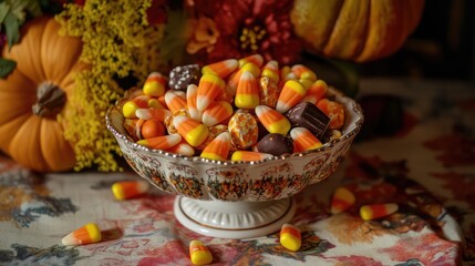 Poster - A vintage Halloween candy dish filled with classic treats like candy corn and old-fashioned chocolates, set on a retro tablecloth