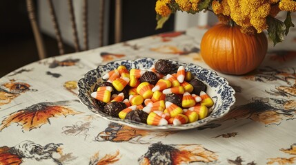 Poster - A vintage Halloween candy dish filled with classic treats like candy corn and old-fashioned chocolates, set on a retro tablecloth