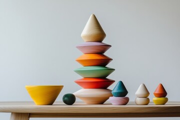 Colorful wooden stacking toys arranged artistically, showcasing creativity, imagination,  development,  learning, and fun.