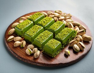 dubai chocolate bar with green kadayif and pistachio spread with pistachio nuts close up generative ai