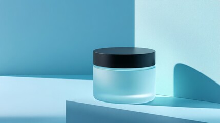Poster - A simple skincare jar with a black lid sits on a light blue surface, illuminated by natural light, showcasing a clean and modern aesthetic that highlights the product's design.