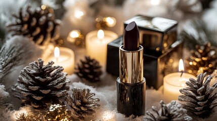 Aufkleber - A black lipstick with a gold band sits among a collection of decorative pine cones and lit candles. The scene is bathed in a warm, inviting light.