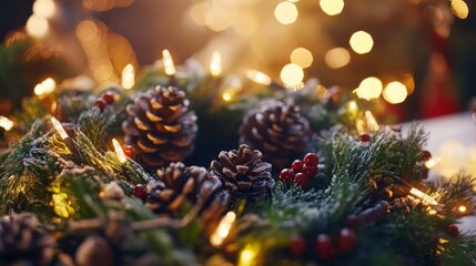 Poster - A Christmas wreath decorated with pine cones, red berries, and lights. The wreath is on a table and there are blurry lights in the background.
