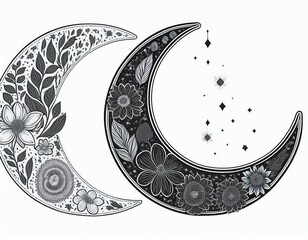 vector floral crescent moon set decorative illustration in boho style for ramadan kareem concept black and white vector illustration