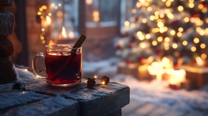 Poster - A mug of red wine with a cinnamon stick sticking out of it sits on a rough stone ledge. The background is blurred, showing a Christmas tree with white lights, gifts, and a fireplace.