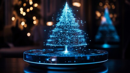 A blue, digital Christmas tree is shown hovering above a circular glass base. The tree is made of lights and appears to be a digital projection.