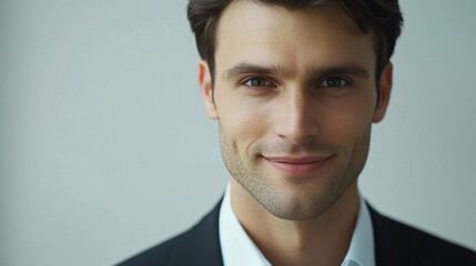 Man with a beard and a smile is wearing a suit and tie. He is looking at the camera and he is happy