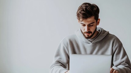 Poster - A young man is intently working on his laptop in a spacious, bright setting, showcasing the remote freelance lifestyle. Generative AI