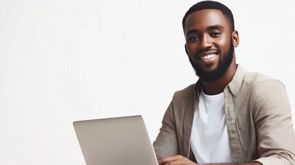 Leinwandbilder - A young man is focused on his laptop, enjoying a seamless remote work experience in a well-lit, minimalistic environment. Generative AI