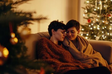 Cozy Winter Evening with Gay Female Couple Celebrating Christmas