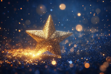 Elegant star shape with gold glitter on a blue background and bokeh effect