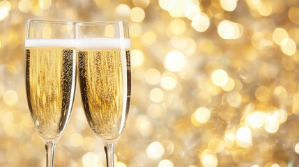 Aufkleber - Two glasses of champagne are filled to the brim and are in focus in the foreground. The background is blurry and is a golden color with out-of-focus lights.