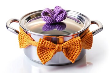 Stainless steel pot adorned with colorful knitted bows in a bright kitchen setting. Generative AI