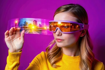 Woman wearing augmented reality smart glasses exploring immersive visuals indoors. Generative AI